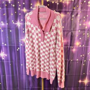 Artsal - Button Collar V-Neck Checkered Drop Shoulder Sweater - Pink, White - XL